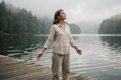 Femme debout au bord d'un ponton face à un lac brumeux, symbolisant le courage de surmonter ses peurs et d'oser se lancer