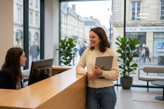 Femme souriante dans un espace coworking à Caen