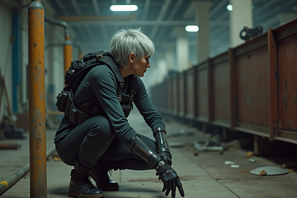 Femme cybernetique avec bras mécanique dans une usine abandonnée