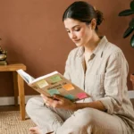 Femme débutante lisant le Bhagavad Gita chez elle avec des marque-pages colorés