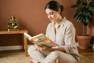 Femme débutante lisant le Bhagavad Gita chez elle avec des marque-pages colorés