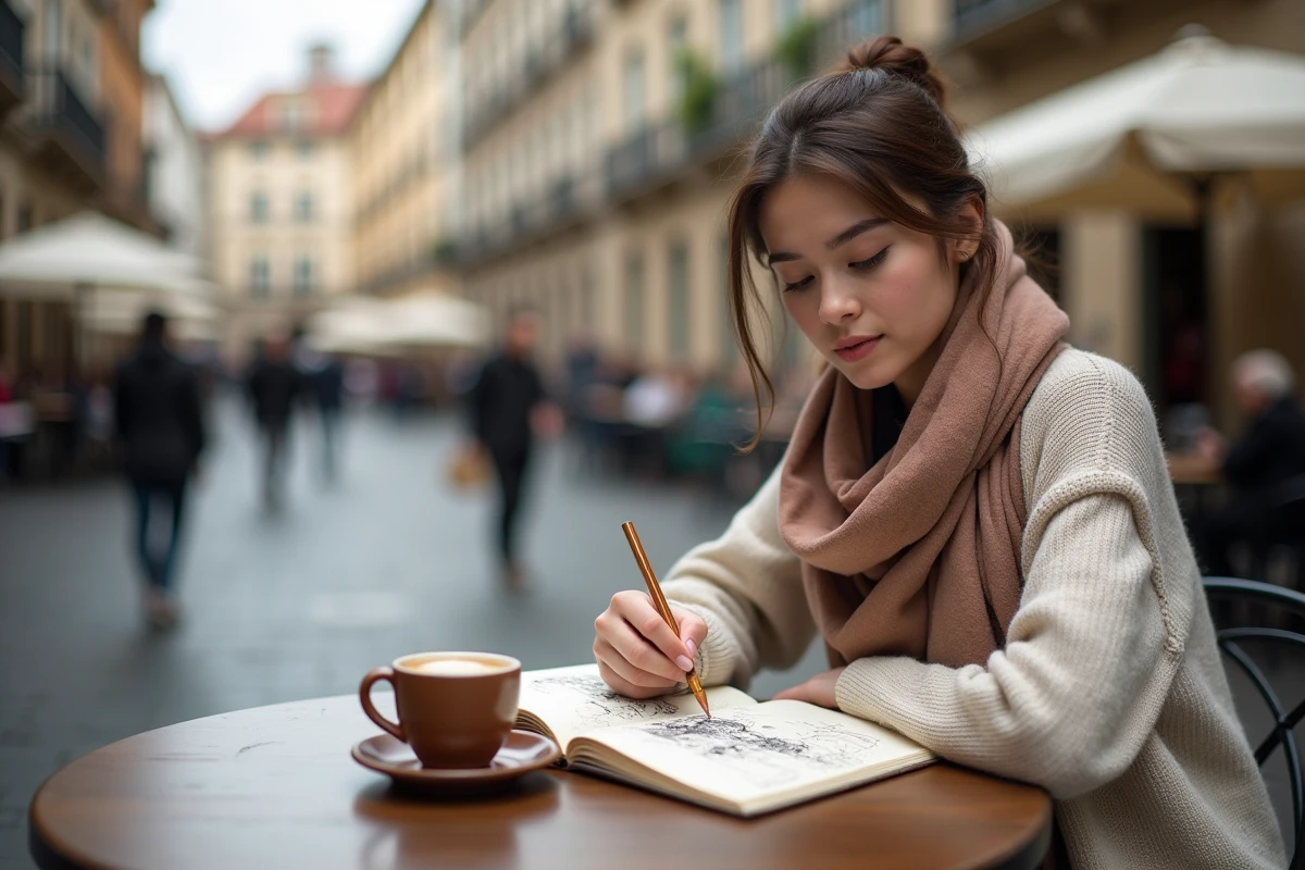 Jeune femme esquissant une scène dans un carnet au café