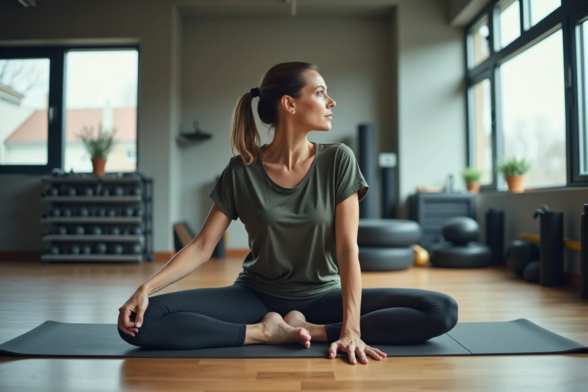 Femme en étirement dans une salle de sport moderne