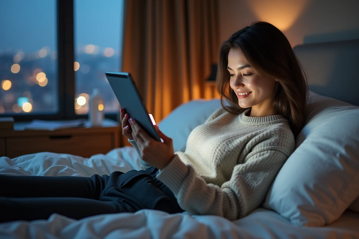 Jeune femme relaxe dans lit regarde tablette assurance