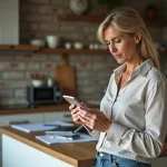 Femme française préoccupée utilisant son smartphone dans la cuisine