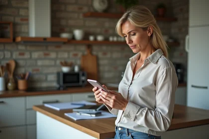 Femme française préoccupée utilisant son smartphone dans la cuisine