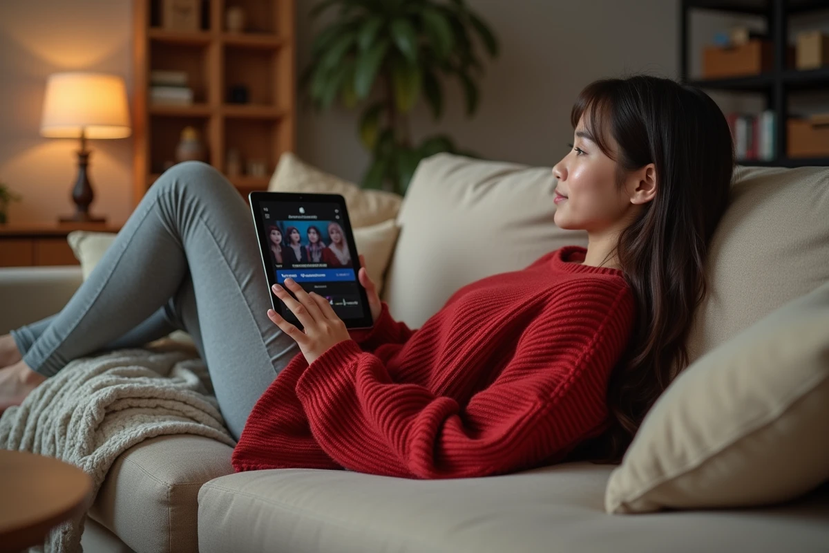 Jeune femme regardant la liste des épisodes Fairy Tail sur une tablette dans un salon moderne et confortable