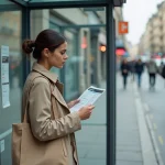 Femme consultant l'horaire du bus 172 affiché à un arrêt de bus en ville