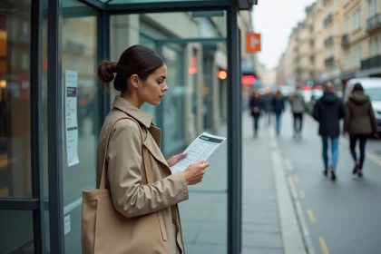 Femme consultant l'horaire du bus 172 affiché à un arrêt de bus en ville