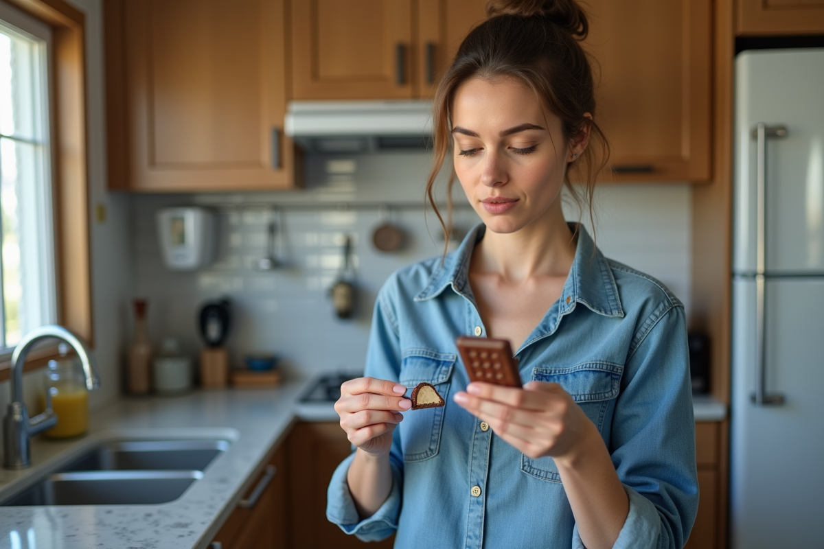 Femme examinant l'étiquette d'une glace aux amandes