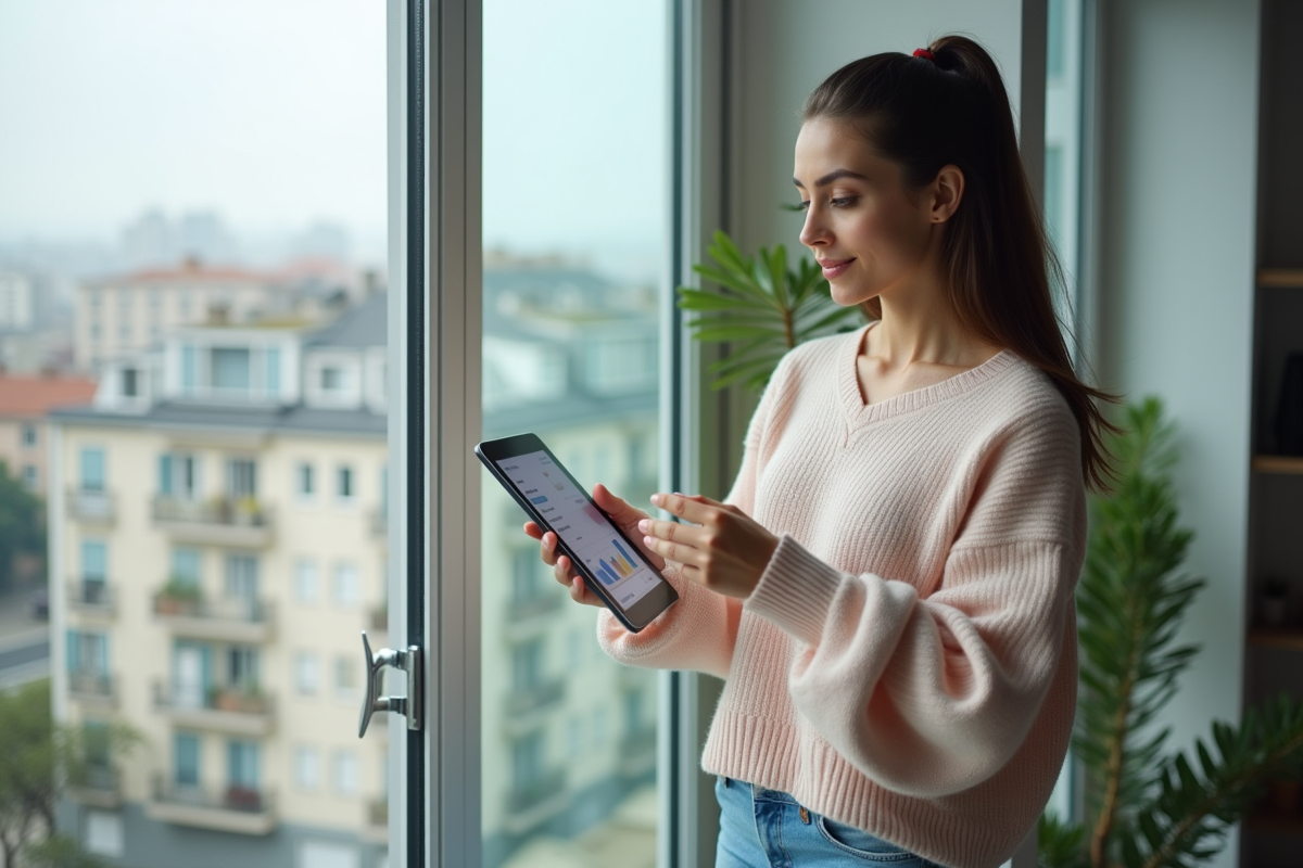 Jeune femme regardant un graphique immobilier sur tablette