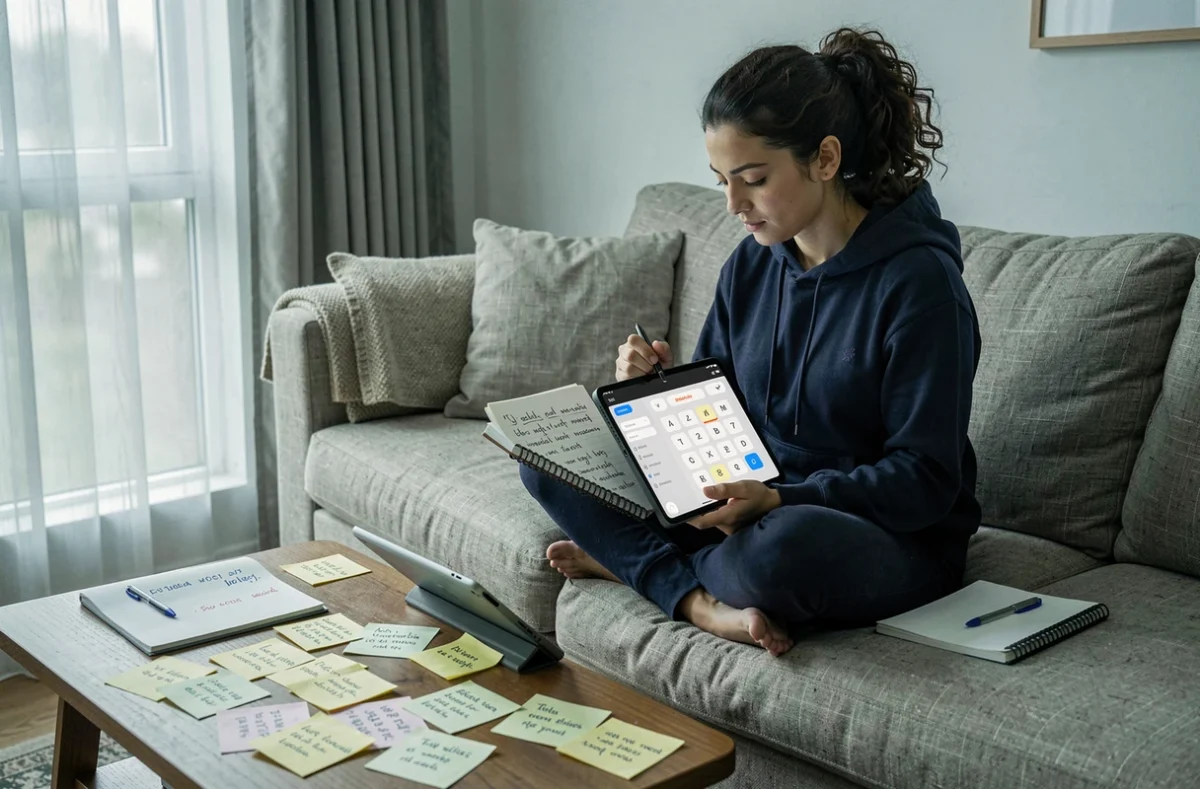Femme analysant un jeu sémantique sur tablette avec des notes manuscrites de vocabulaire autour d'elle