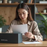 Jeune femme lisant une boîte mystérieuse dans un bureau scandinave