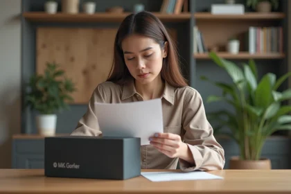 Jeune femme lisant une boîte mystérieuse dans un bureau scandinave