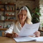 Femme d'âge moyen lisant des documents immobiliers à la maison