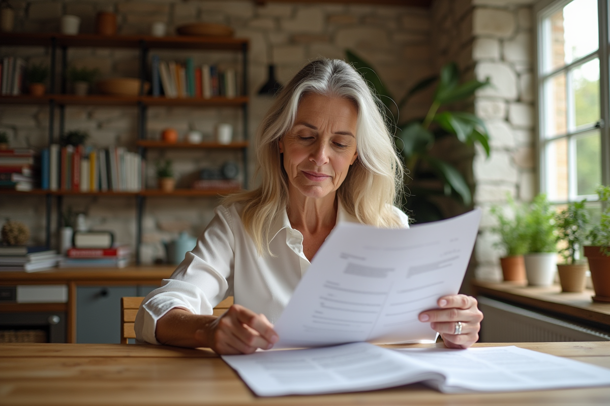 Femme d'âge moyen lisant des documents immobiliers à la maison