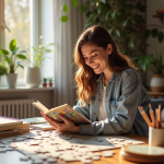 Femme souriante lisant dans un salon lumineux et cosy