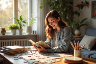 Femme souriante lisant dans un salon lumineux et cosy