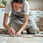 Femme mesurant des carreaux de sol en céramique avec une règle métallique lors de travaux de rénovation cuisine, conversion de m² en cm²