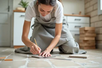 Femme mesurant des carreaux de sol en céramique avec une règle métallique lors de travaux de rénovation cuisine, conversion de m² en cm²