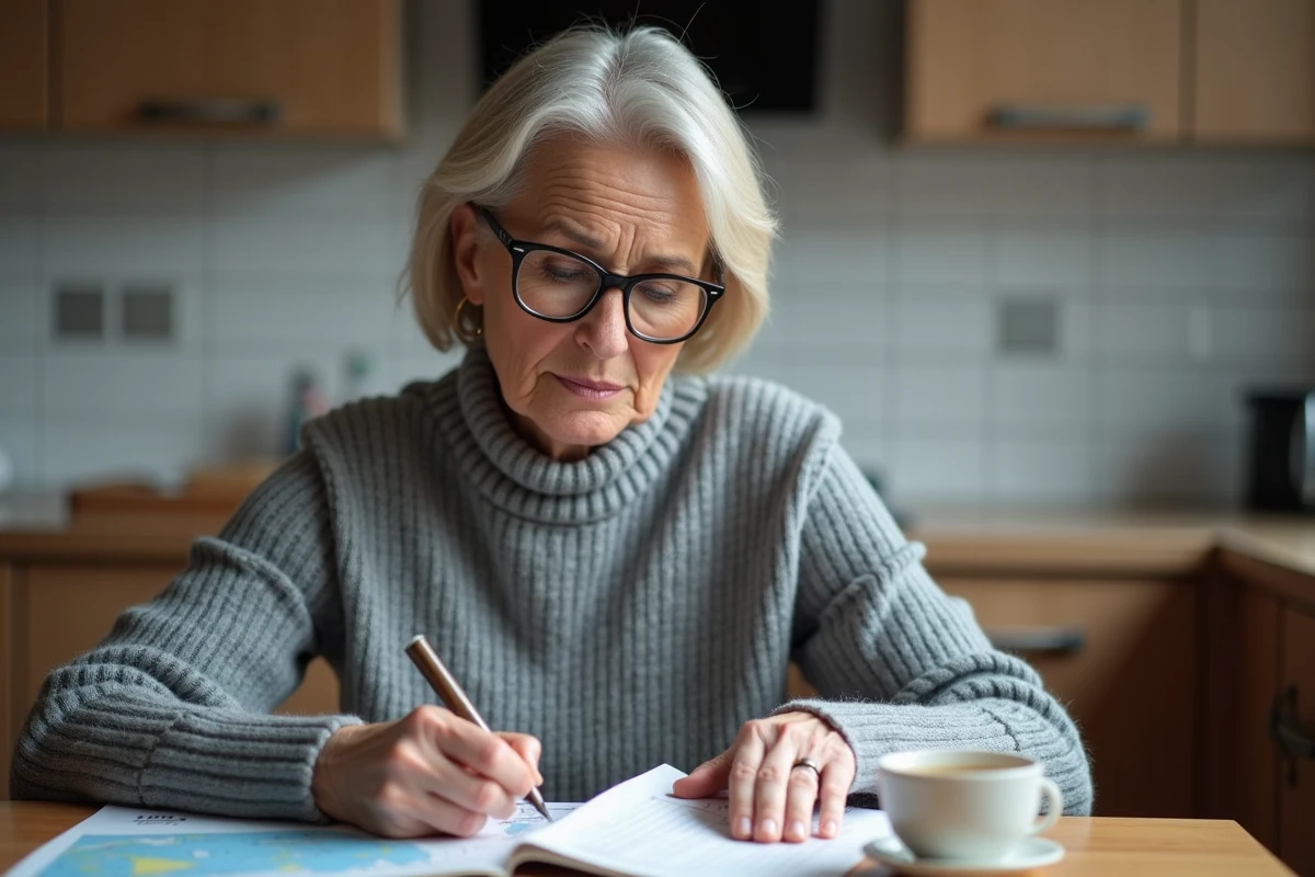 Femme résolvant des mots fléchés sur les cantons suisses à la table de cuisine