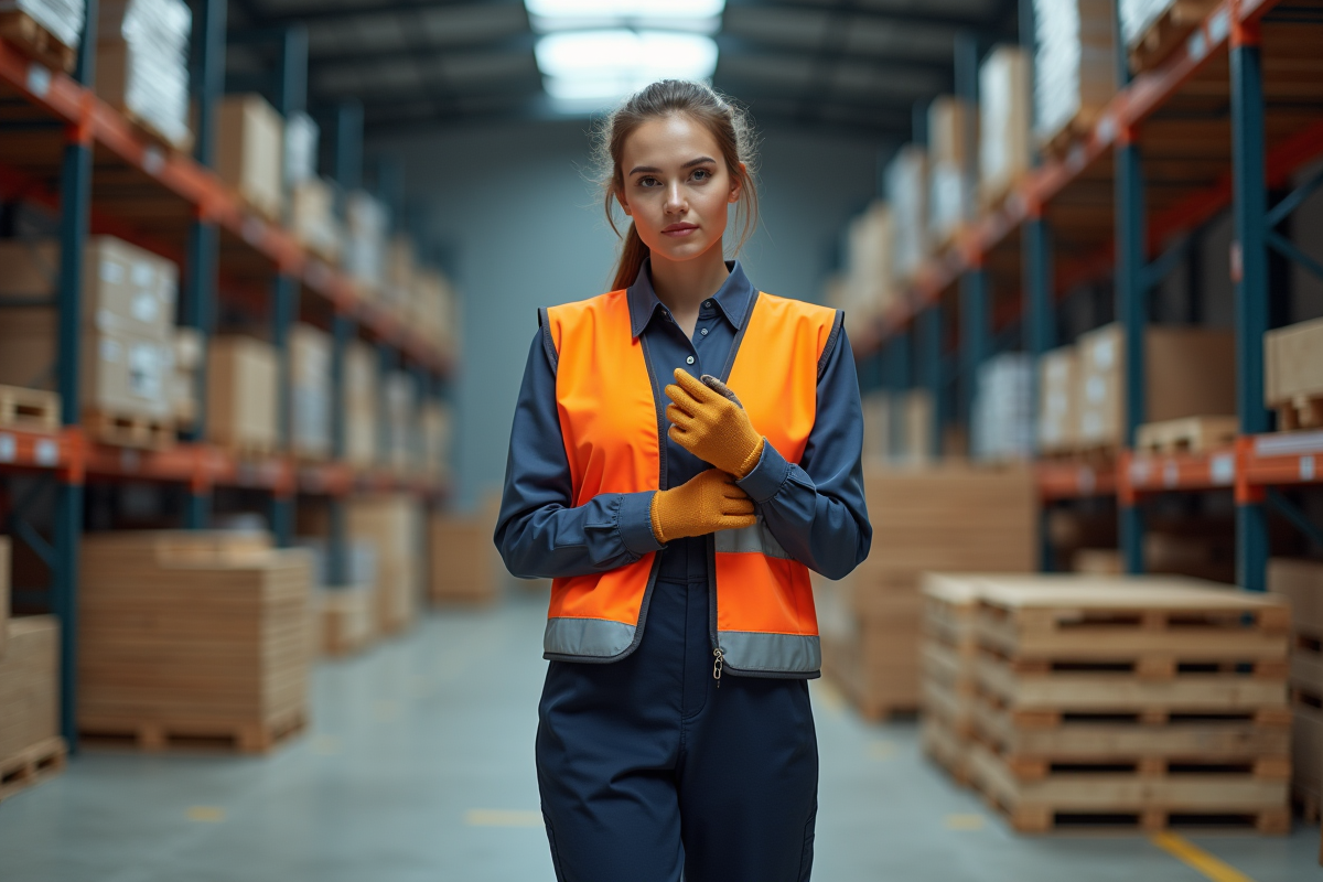 Jeune femme en gilet orange dans un entrepôt industriel