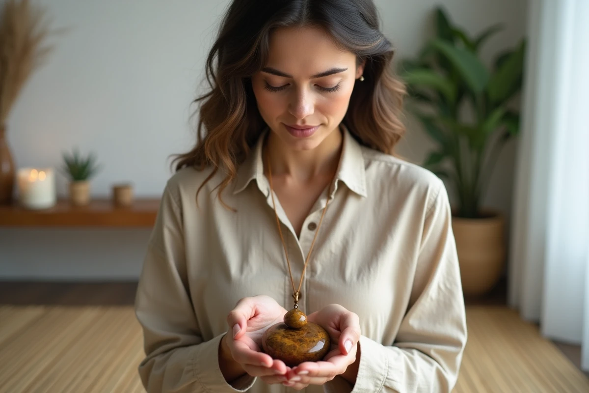 Femme tenant un pendentif en Œil de tigre dans ses mains dans une salle de méditation minimaliste, ambiance spirituelle apaisante