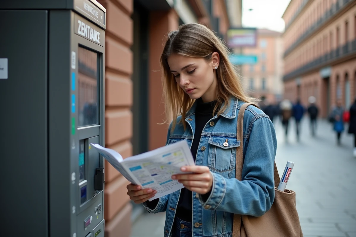 Jeune femme consultant un plan de métro Toulouse devant l'entrée de la station Zénith avant un concert