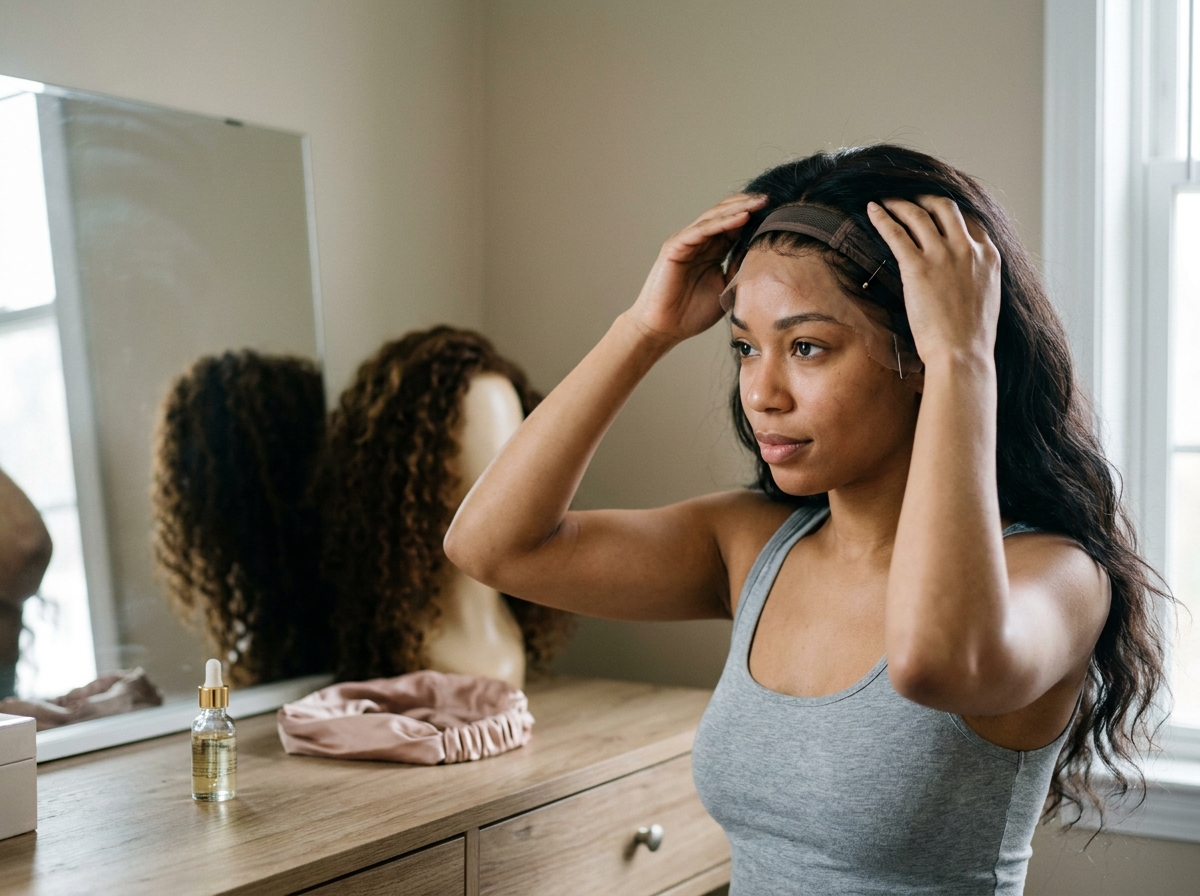 Femme posant une perruque lace front devant un miroir dans sa chambre
