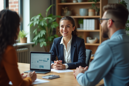 Jeune femme professionnelle présentant des idées en réunion