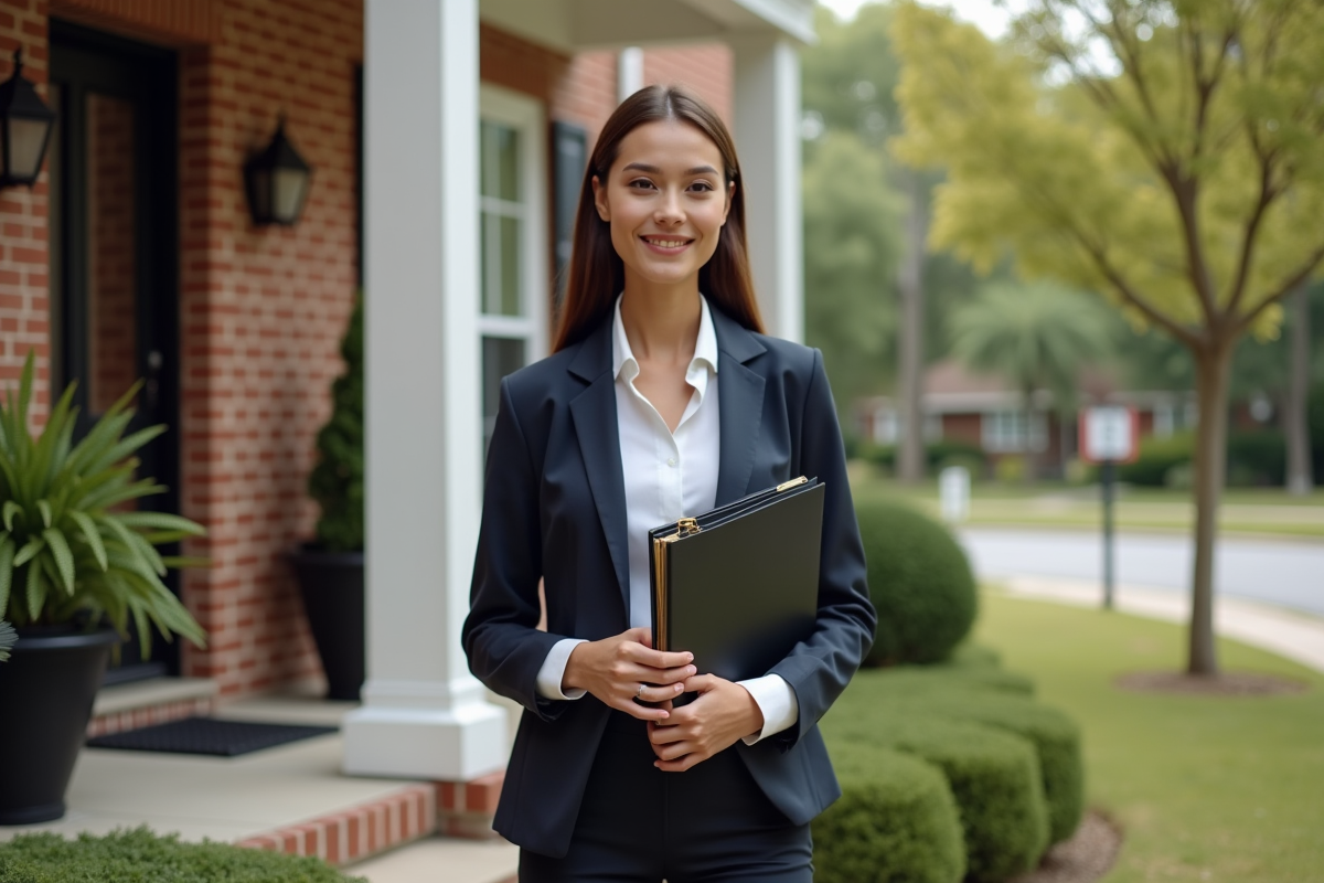 Jeune femme debout devant une maison avec un dossier immobilier