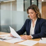Femme professionnelle analysant des documents liés à l'identité et à la vie privée dans un bureau moderne