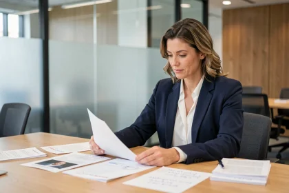 Femme professionnelle analysant des documents liés à l'identité et à la vie privée dans un bureau moderne