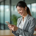 Femme professionnelle consultant un sondage WhatsApp sur son smartphone dans un bureau moderne