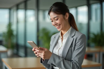 Femme professionnelle consultant un sondage WhatsApp sur son smartphone dans un bureau moderne