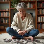 Femme d'âge moyen assemble un puzzle dans un salon chaleureux