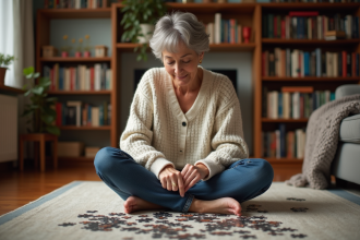 Femme d'âge moyen assemble un puzzle dans un salon chaleureux