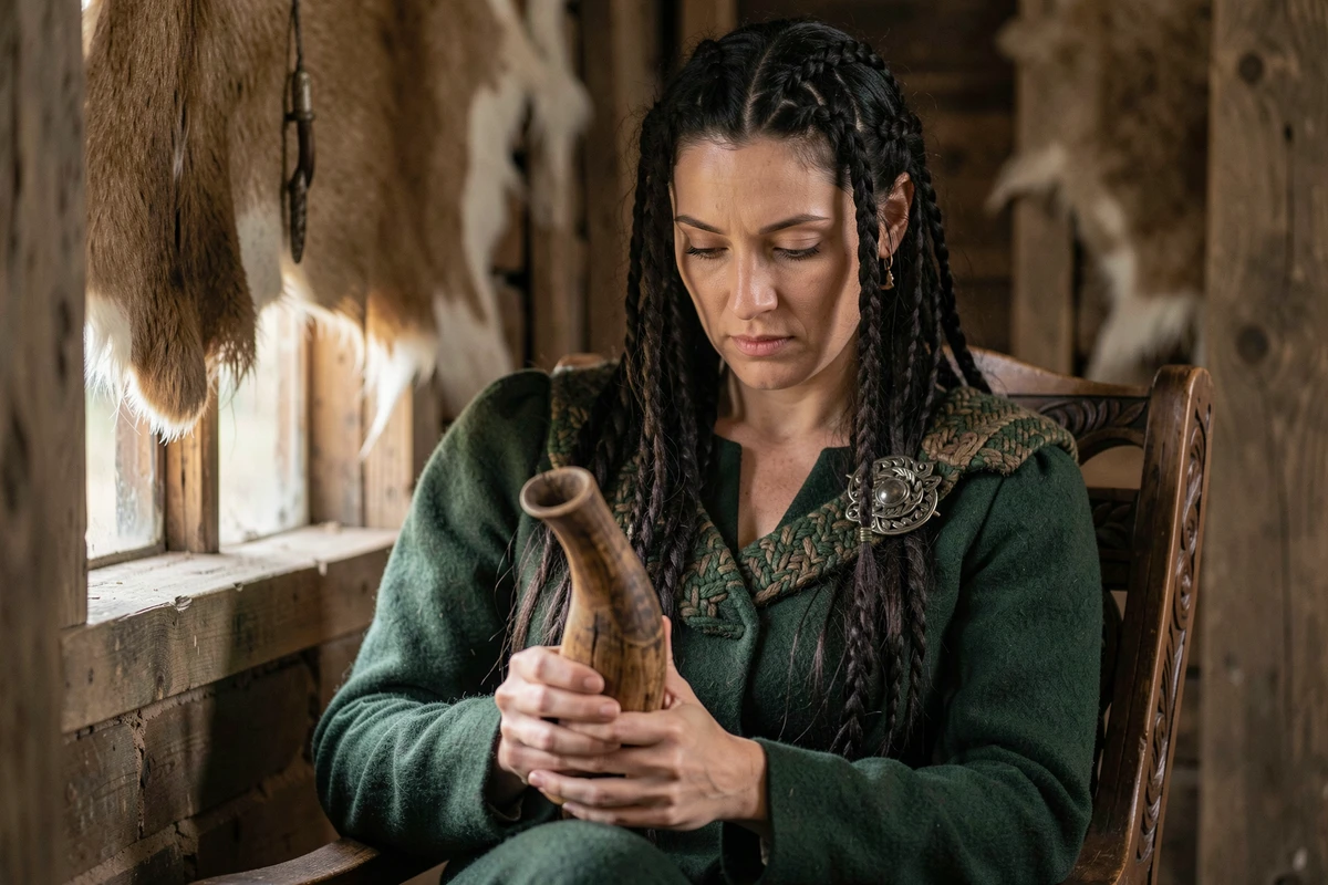Femme viking pensive assise près d'une fenêtre médiévale, tenant une corne à boire, représentant les moments décisifs des épouses de Ragnar dans Vikings