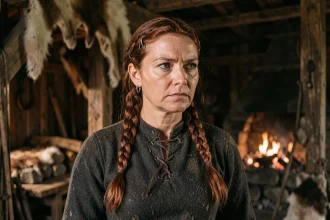 Femme viking forte et déterminée en tenue médiévale dans une longhouse scandinave, évoquant les épouses de chefs dans la série Vikings