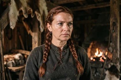 Femme viking forte et déterminée en tenue médiévale dans une longhouse scandinave, évoquant les épouses de chefs dans la série Vikings