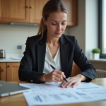 Femme en blazer et jeans examine un document de prêt immobilier
