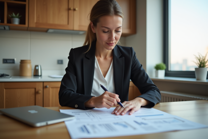Femme en blazer et jeans examine un document de prêt immobilier