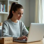 Femme rédigeant un message au service client Vinted Go depuis son bureau à domicile avec un colis à proximité