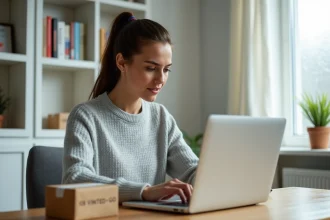 Femme rédigeant un message au service client Vinted Go depuis son bureau à domicile avec un colis à proximité
