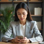Femme consultant son smartphone pour comprendre son assurance mobile Chubb European Group SFR