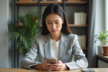 Femme consultant son smartphone pour comprendre son assurance mobile Chubb European Group SFR