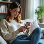 Femme utilisant une application santé sur smartphone dans un salon cosy