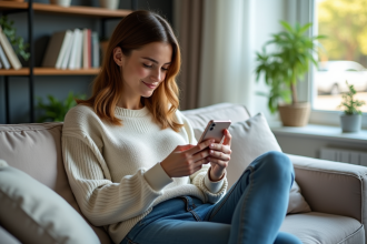 Femme utilisant une application santé sur smartphone dans un salon cosy