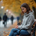 Jeune femme assise seule sur un banc en automne