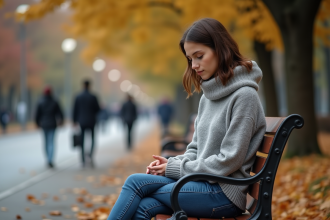 Jeune femme assise seule sur un banc en automne